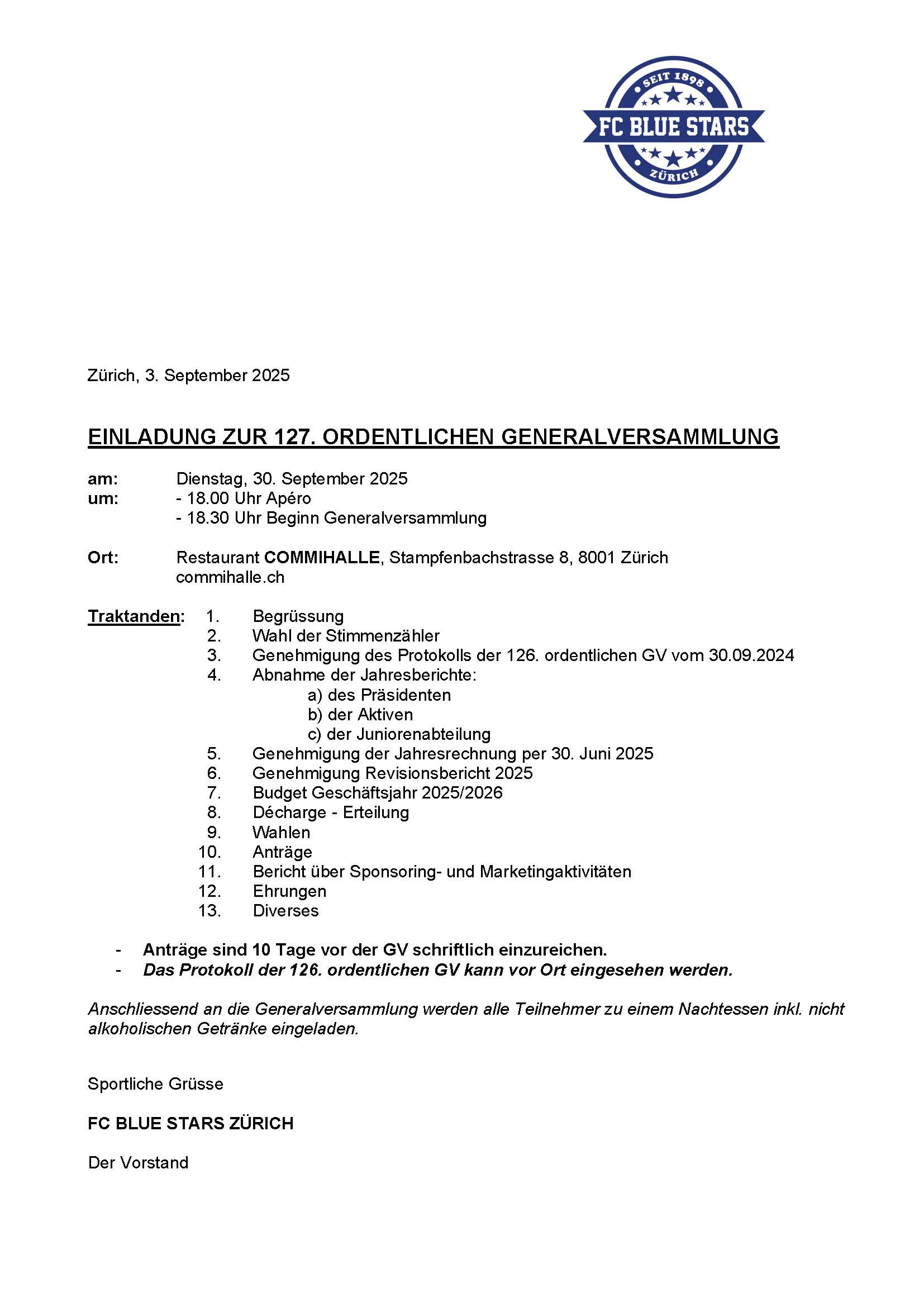 Einladung zur 127. ordentlichen Generalversammlung des FC Blue Stars vom 30.09.2025